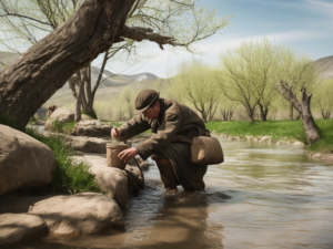 Wanderer schöpft Trinkwasser