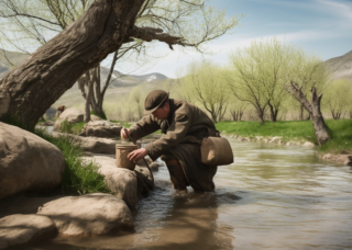 Wanderer schöpft Trinkwasser